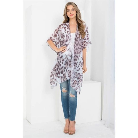 Gray Leopard Heart Print Open Front Kimono - Picture 2 of 6